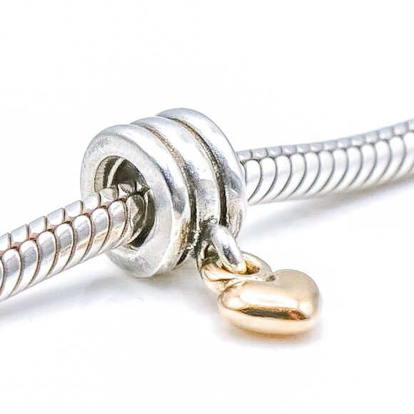 PANDORA Retired Dangling Heart Sterling Silver Dangle Charm With 14K Gold Heart - Picture 3 of 5